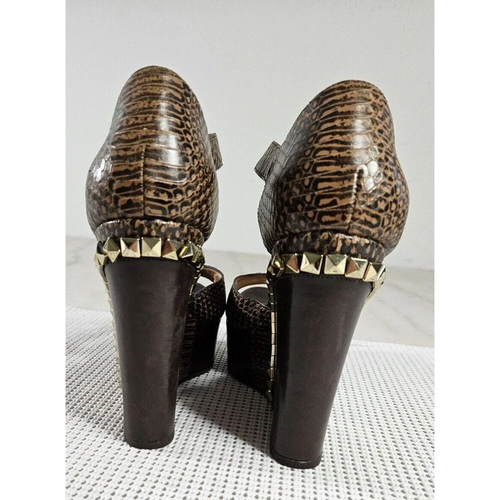 Michael Kors Brown Snake-Embossed Platform Wedge Boots with Gold Studs - Picture 4 of 12